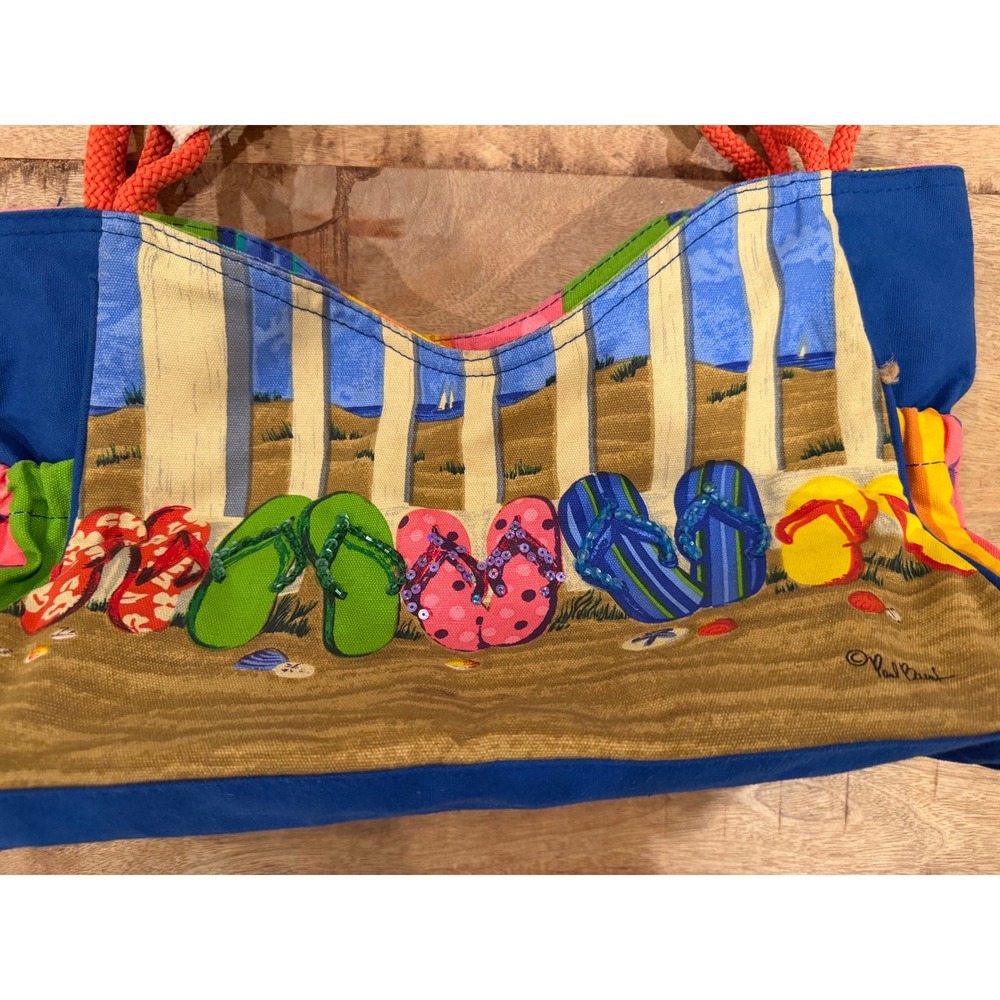 Sun N Sand Paul Brent Beach Tote Bag Beaded Flip Flops Canvas Shoulder Bag Blue - Picture 2 of 8